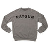 Grey union-made crewneck sweatshirt with RAYGUN screen printed in black letters across the chest.