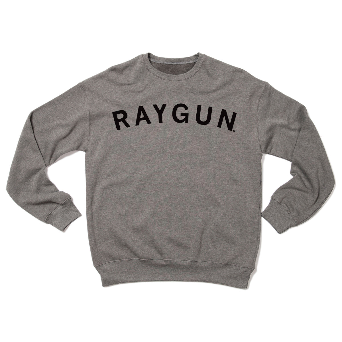 Grey union-made crewneck sweatshirt with RAYGUN screen printed in black letters across the chest.