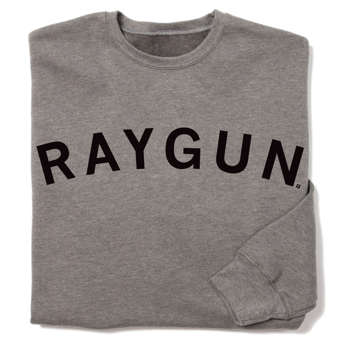 Gray union-made crewneck sweatshirt with RAYGUN printed in black letters across the chest.
