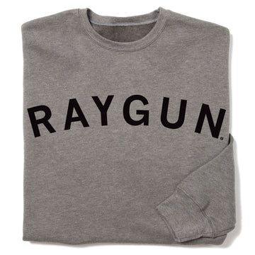 Gray union-made crewneck sweatshirt with RAYGUN printed in black letters across the chest.