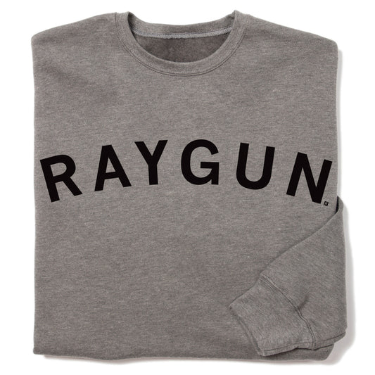Gray union-made crewneck sweatshirt with RAYGUN printed in black letters across the chest.