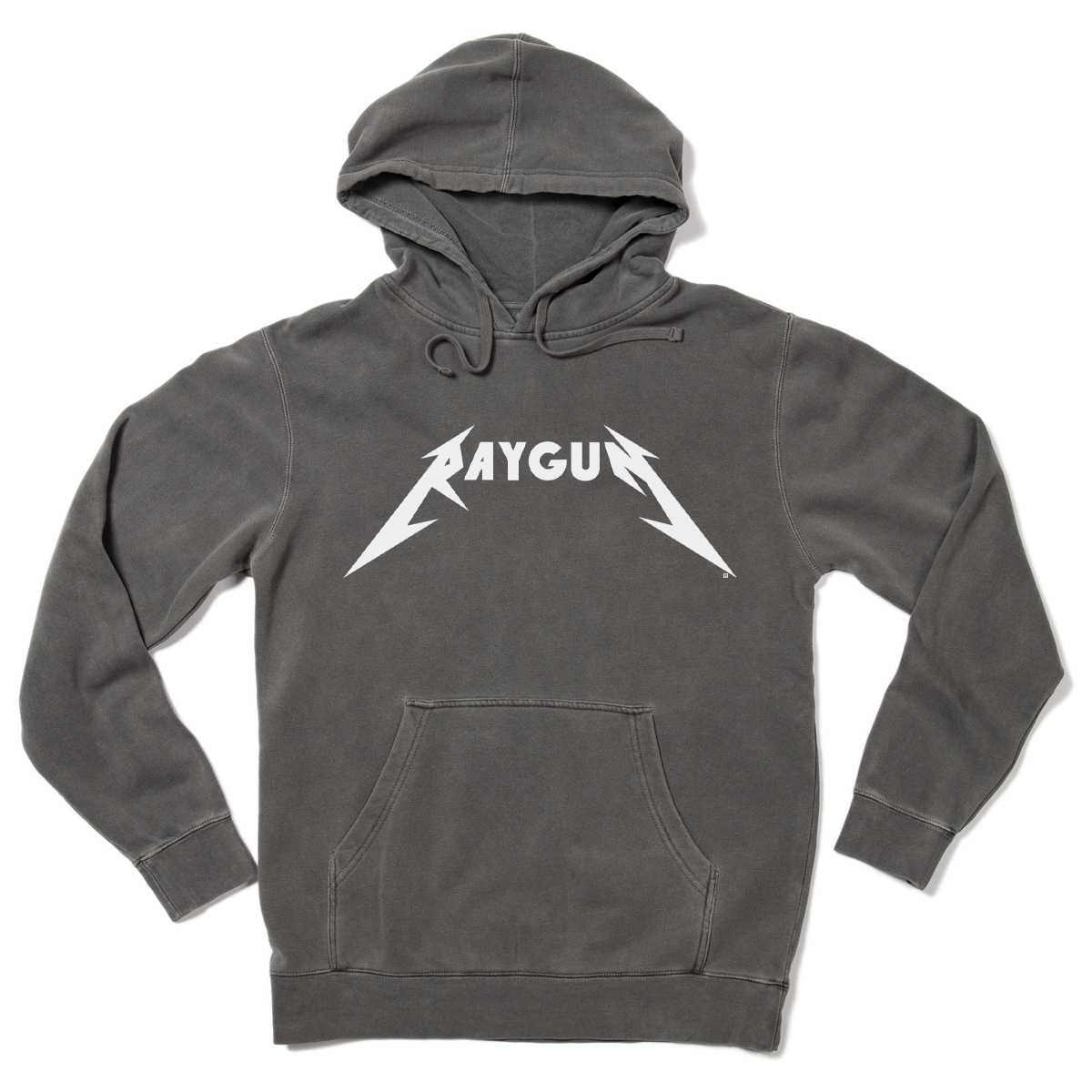 A dark gray, union made hooded sweatshirt featuring the word RAYGUN printed in a white, stylized heavy metal font.