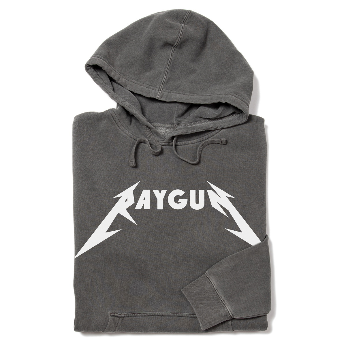 Charcoal gray union made hoodie with RAYGUN printed on the chest in a stylized white font.