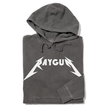 Charcoal gray union made hoodie with RAYGUN printed on the chest in a stylized white font.