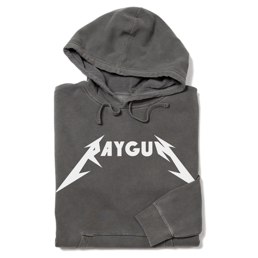 Charcoal gray union made hoodie with RAYGUN printed on the chest in a stylized white font.