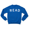 Blue union-made crewneck sweatshirt with the word READ printed in white across the chest.