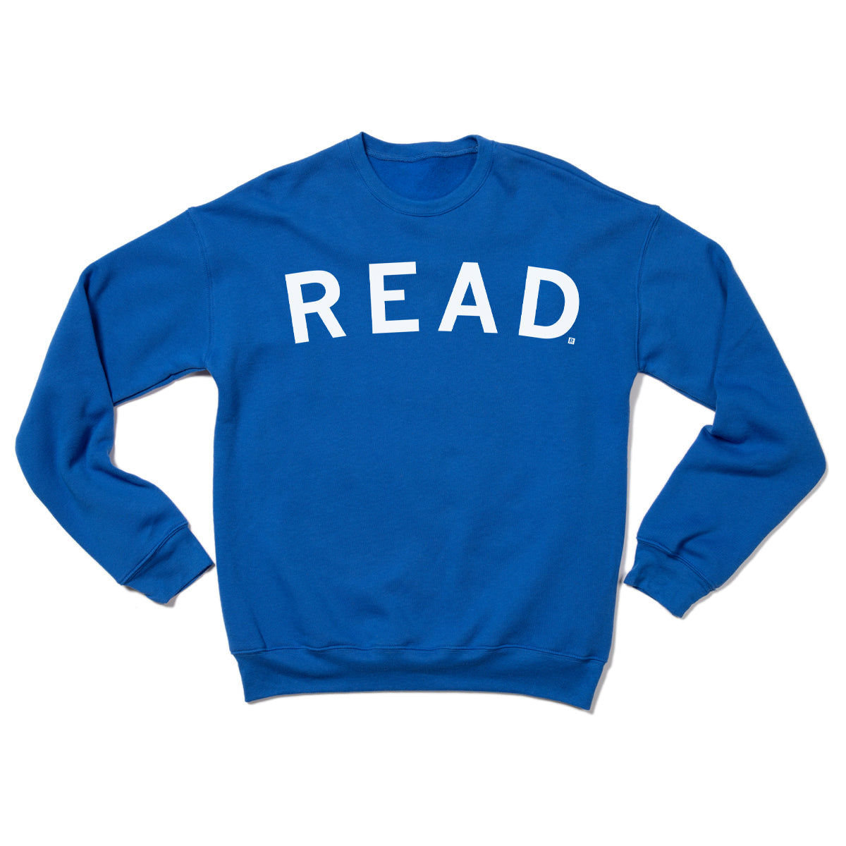 Blue union-made crewneck sweatshirt with the word READ printed in white across the chest.