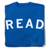 Union made blue crewneck sweatshirt with the word READ printed in large white capital letters across the front.