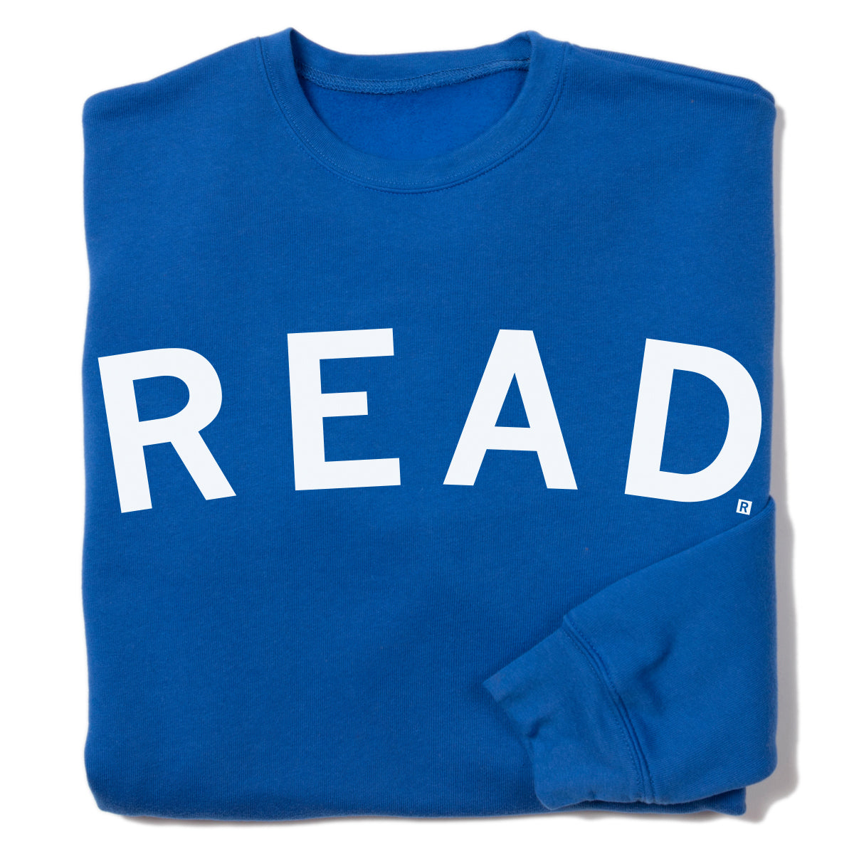 Union made blue crewneck sweatshirt with the word READ printed in large white capital letters across the front.