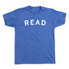 Blue heathered RAYGUN crew-neck t-shirt with the word READ printed in white capital letters across the chest.