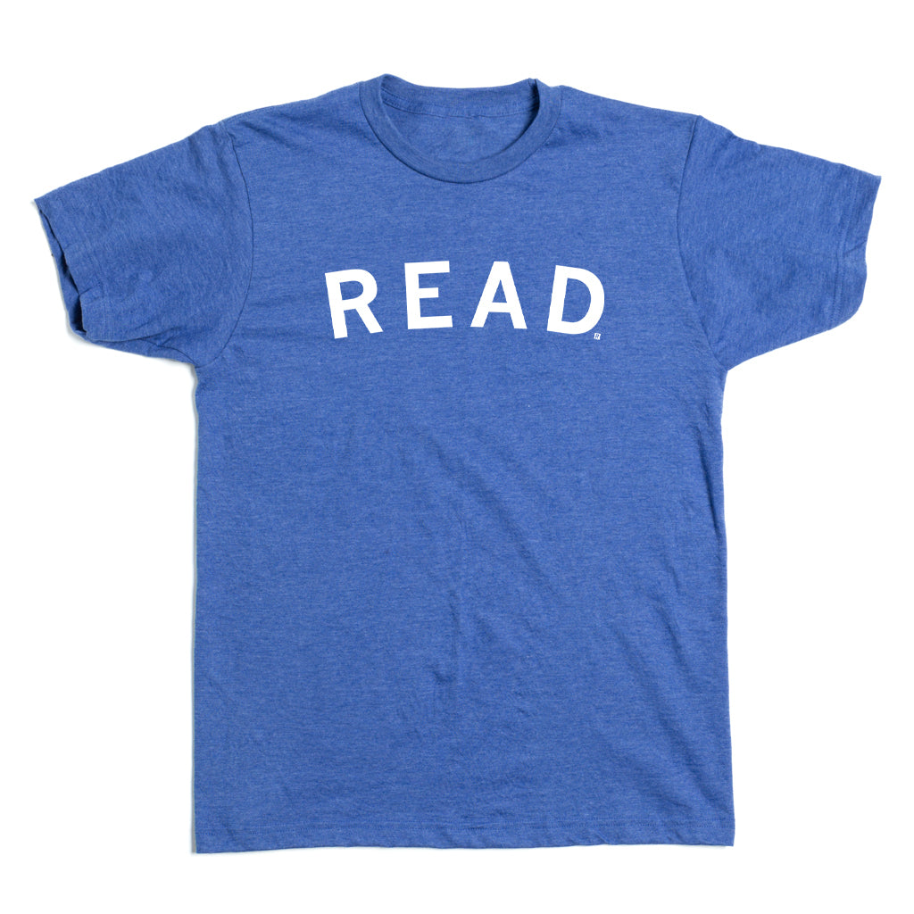 Blue heathered RAYGUN crew-neck t-shirt with the word READ printed in white capital letters across the chest.