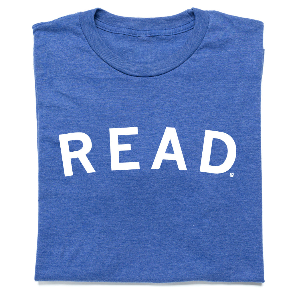 Blue RAYGUN t-shirt with the word READ printed in large white capital letters across the chest.