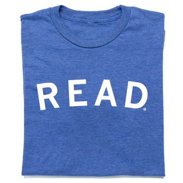 Blue RAYGUN t-shirt with the word READ printed in large white capital letters across the chest.