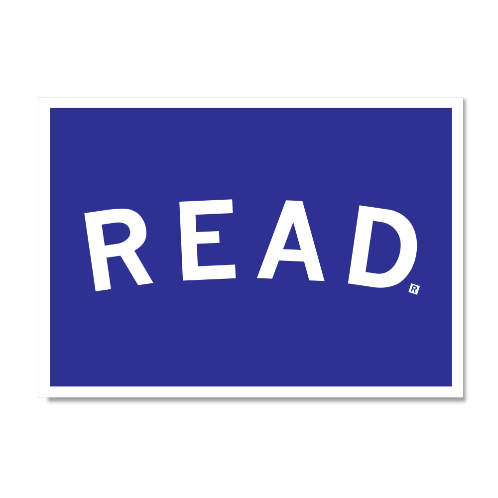 The word READ in large white capital letters centered on a blue RAYGUN postcard background.