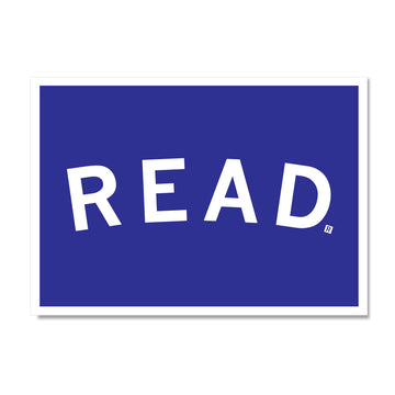 The word READ in large white capital letters centered on a blue RAYGUN postcard background.