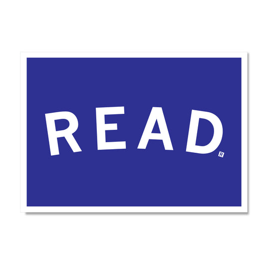The word READ in large white capital letters centered on a blue RAYGUN postcard background.