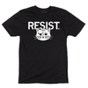 Black screen print t-shirt featuring the word RESIST in white capital letters above a graphic of a cat face.