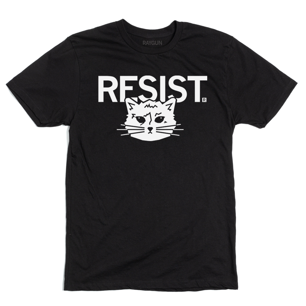 Black screen print t-shirt featuring the word RESIST in white capital letters above a graphic of a cat face.