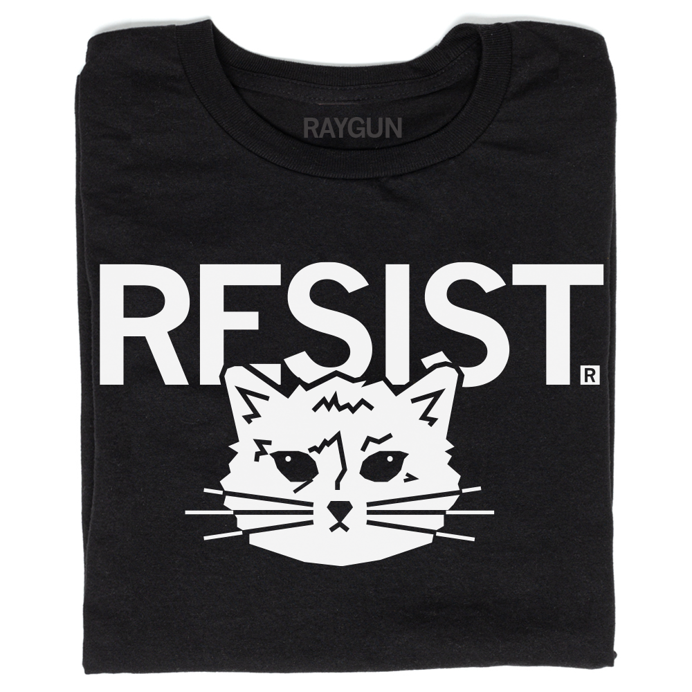 Black screen print t-shirt featuring the white text RESIST above a graphic of a cat’s face.