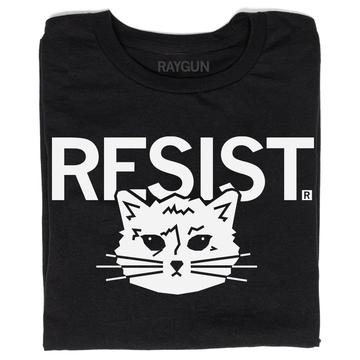 Black screen print t-shirt featuring the white text RESIST above a graphic of a cat’s face.