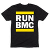 Black ringspun cotton short-sleeve t-shirt with a yellow square containing the white text RUN BMC.