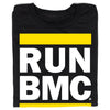 Black ringspun cotton t-shirt featuring the white text RUN BMC between two horizontal yellow stripes.