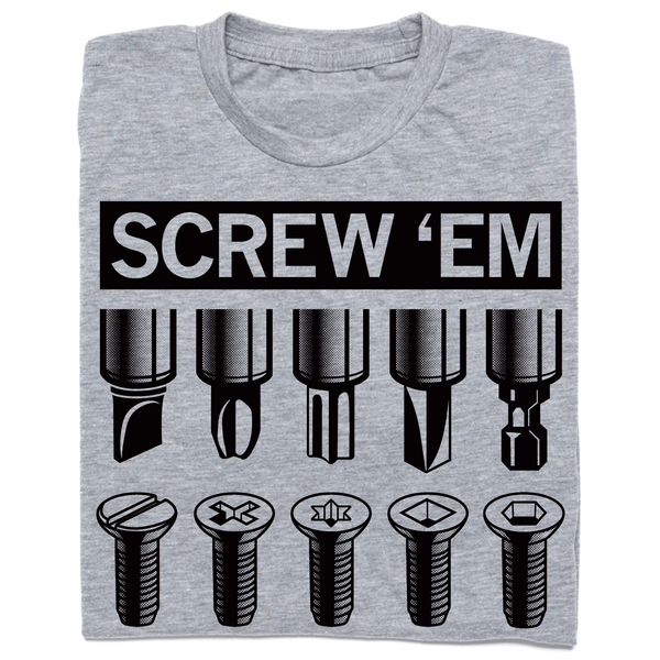 A folded heather grey t-shirt with blanks ink that says, 