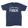Heather denim blue t-shirt with the words SERIOUS ABOUT FIBER printed in white lettering.