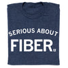 A heather denim crewneck t-shirt in dark blue with the text SERIOUS ABOUT FIBER. printed in white.