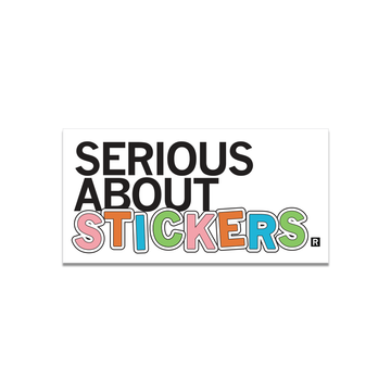 The text SERIOUS ABOUT STICKERS. with the word STICKERS in colorful, outlined bubble letters on a RAYGUN die-cut vinyl sticker.