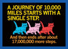 A RAYGUN postcard featuring three stylized cats walking in a row with text that reads, A journey of 10,000 miles starts with a single step. And then ends after about 17,000,000 more steps.