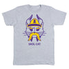 Gray union-made t-shirt featuring a cartoon Skol Cat wearing a purple and yellow Viking helmet with a large yellow mustache, with the text SKOL CAT. below.