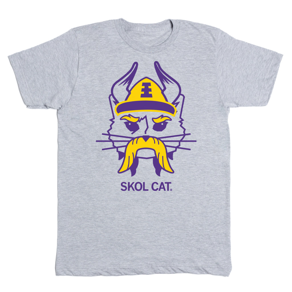 Gray union-made t-shirt featuring a cartoon Skol Cat wearing a purple and yellow Viking helmet with a large yellow mustache, with the text SKOL CAT. below.
