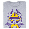 Gray union-made t-shirt featuring a Skol Cat graphic in purple and yellow, depicting a cat wearing a Viking helmet with an E on the front.