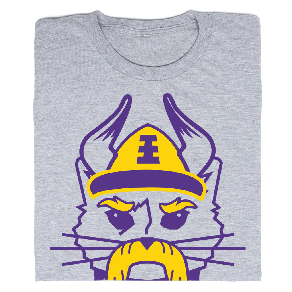 Gray union-made t-shirt featuring a Skol Cat graphic in purple and yellow, depicting a cat wearing a Viking helmet with an E on the front.