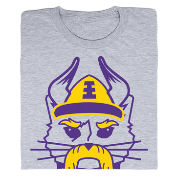 Gray union-made t-shirt featuring a Skol Cat graphic in purple and yellow, depicting a cat wearing a Viking helmet with an E on the front.