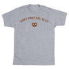 Heather grey crewneck t-shirt with the text SOFT PRETZEL SLUT in brown lettering above a brown pretzel icon.