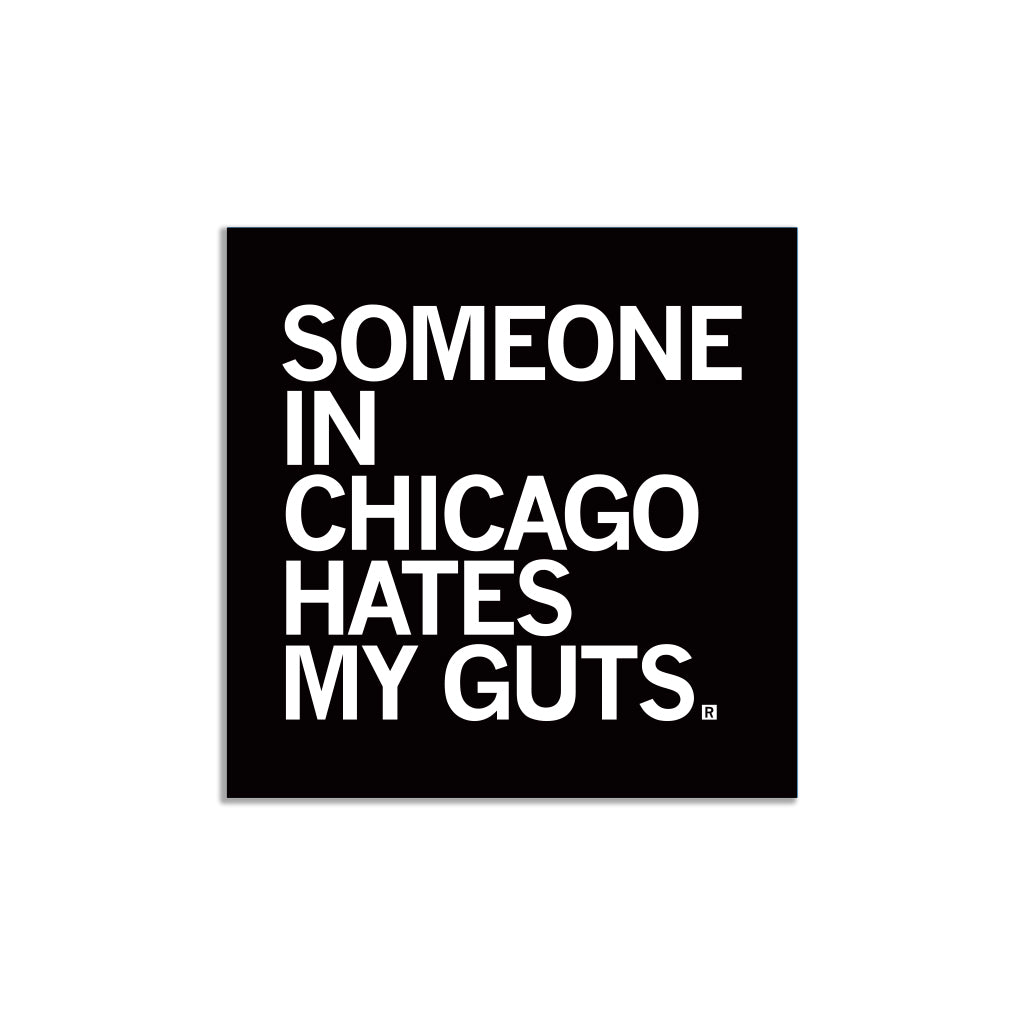 Square RAYGUN vinyl sticker with the white text SOMEONE IN CHICAGO HATES MY GUTS. on a black background.