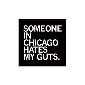 Square RAYGUN vinyl sticker with the white text SOMEONE IN CHICAGO HATES MY GUTS. on a black background.