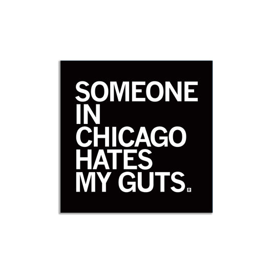 Square RAYGUN vinyl sticker with the white text SOMEONE IN CHICAGO HATES MY GUTS. on a black background.