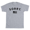 Heather gray RAYGUN t-shirt with the word SORRY printed above a stylized American flag graphic.