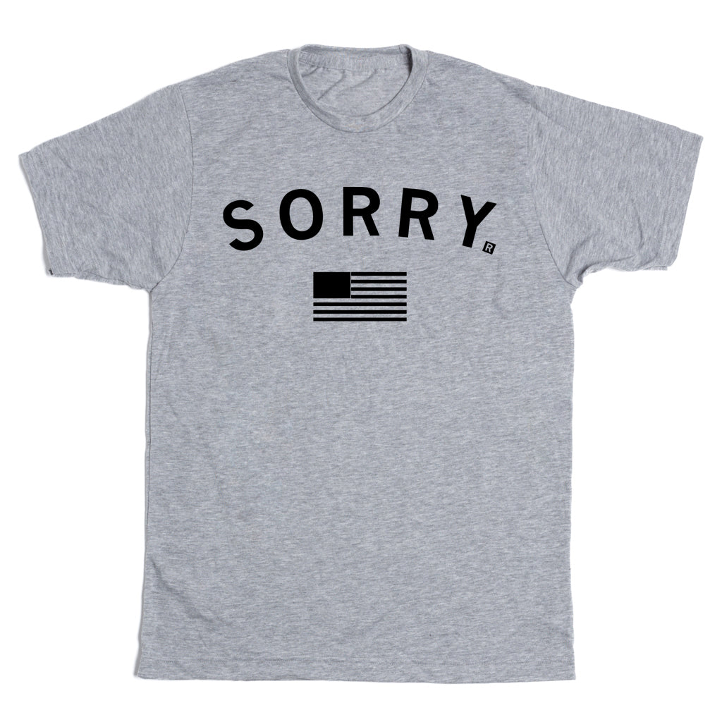 Heather gray RAYGUN t-shirt with the word SORRY printed above a stylized American flag graphic.