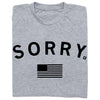 Heather gray RAYGUN t-shirt printed with the word SORRY in black capital letters above a black American flag icon.