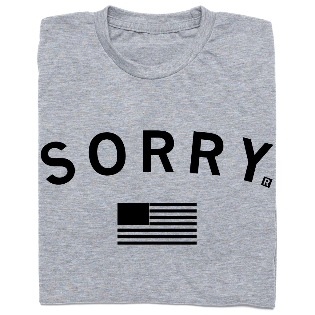 Heather gray RAYGUN t-shirt printed with the word SORRY in black capital letters above a black American flag icon.
