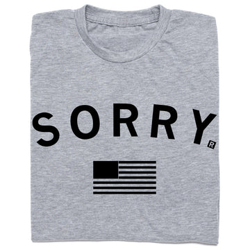 Heather gray RAYGUN t-shirt printed with the word SORRY in black capital letters above a black American flag icon.