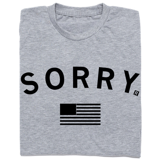 Heather gray RAYGUN t-shirt printed with the word SORRY in black capital letters above a black American flag icon.