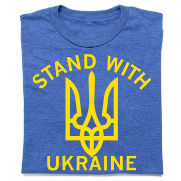 Blue t-shirt featuring the yellow Ukrainian trident emblem and Stand with Ukraine text, supporting the mission of United Help Ukraine.