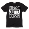 Black union-made t-shirt featuring a white square graphic that reads STRAIGHT OUTTA CONSIN in distressed black text.