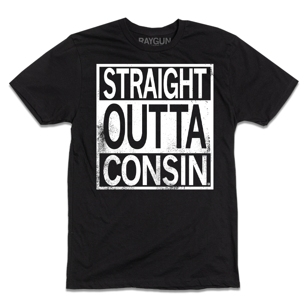 Black union-made t-shirt featuring a white square graphic that reads STRAIGHT OUTTA CONSIN in distressed black text.