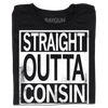 Black union-made T-shirt featuring a white rectangular graphic that reads, STRAIGHT OUTTA CONSIN.